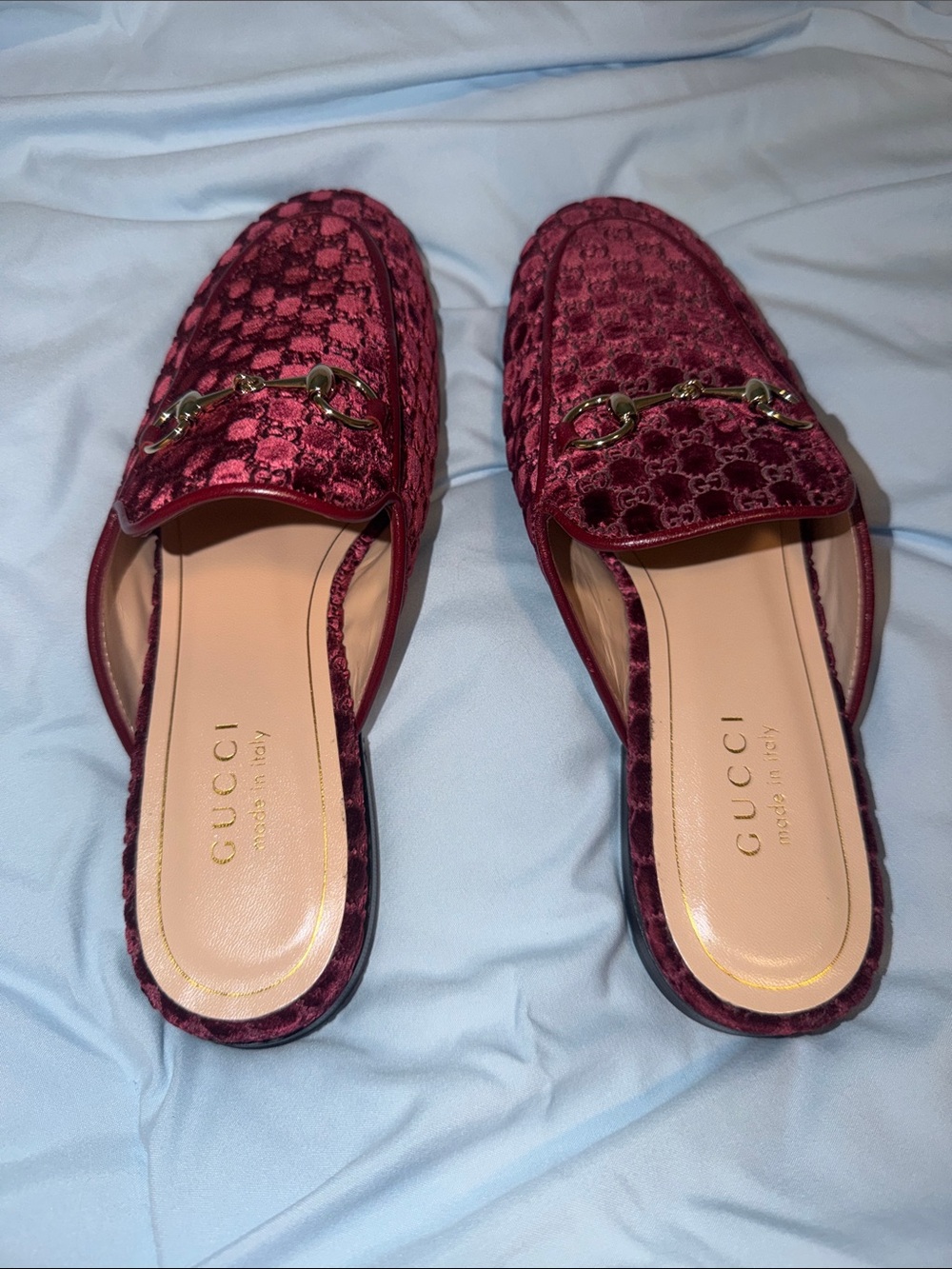 Gucci Burgundy Velvet GG Horsebit Mules - Picture 2 of 7